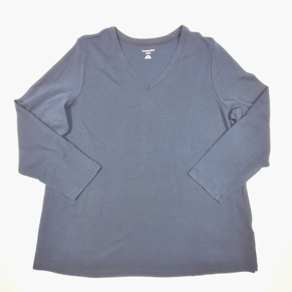 Lands End T-Shirt Womens 1X Navy Blue V-Neck Long Sleeve Shaped Cotton Basic